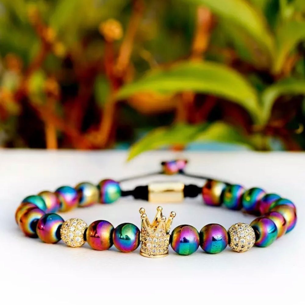 Rainbow Hematite Gold Zircon Crown Charm Macrame Bracelet